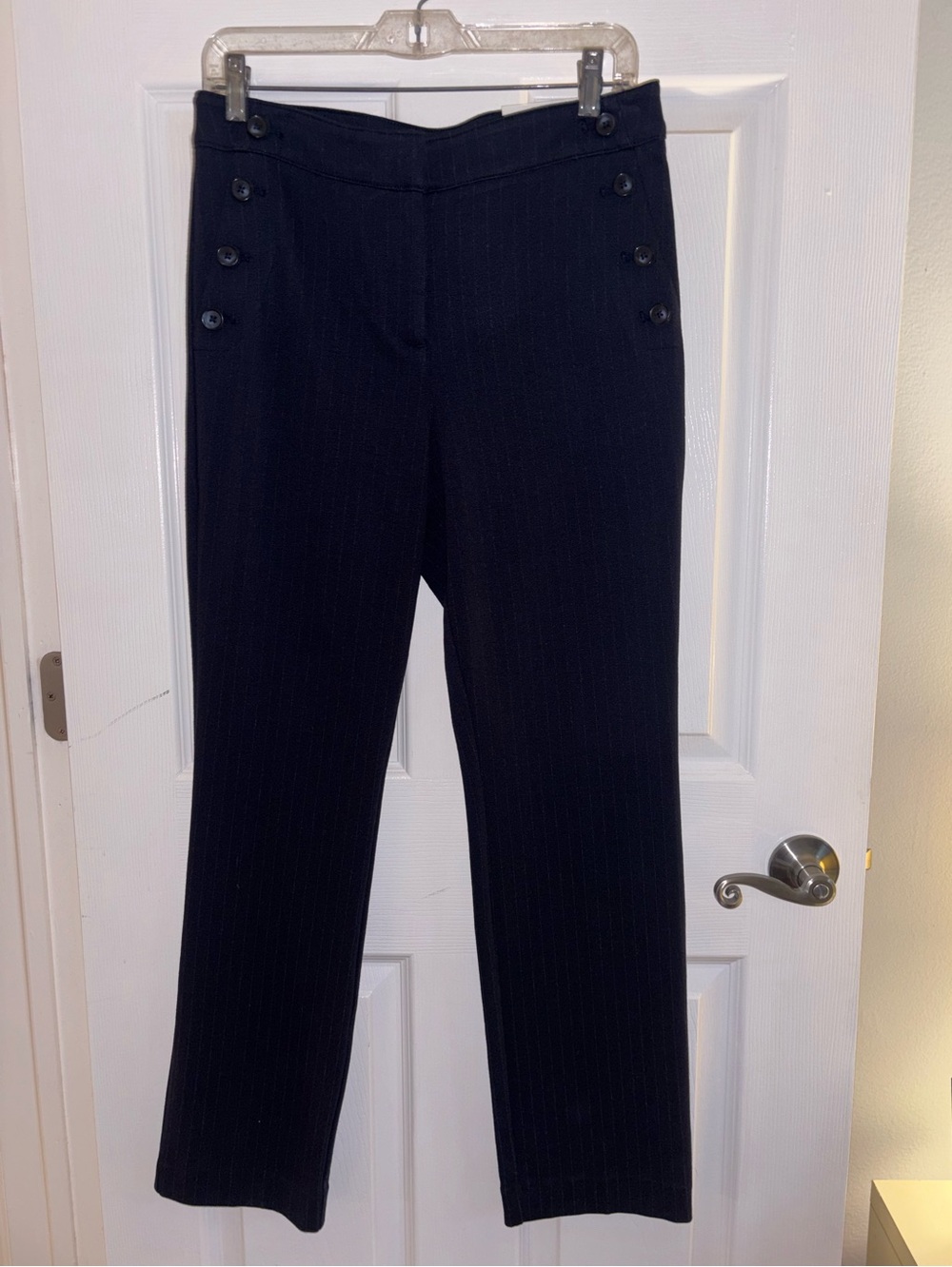 LOFT Navy Pinstripe The Sailor StStraight-Leg Dress Pants with Side Buttons.